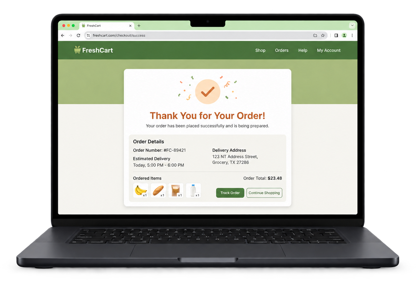 Illustrative FreshCart order confirmation page on a laptop